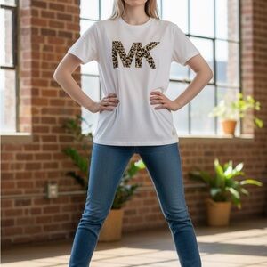 Michael Kors White Tee with Leopard MK Logo